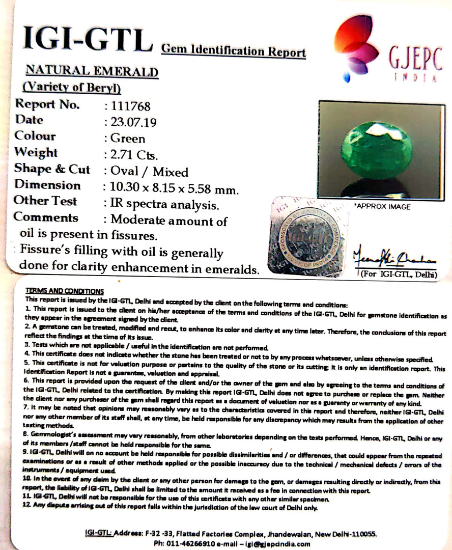 2.71/CT Natural Panna Stone With Govt. Lab Certificate  (6771)