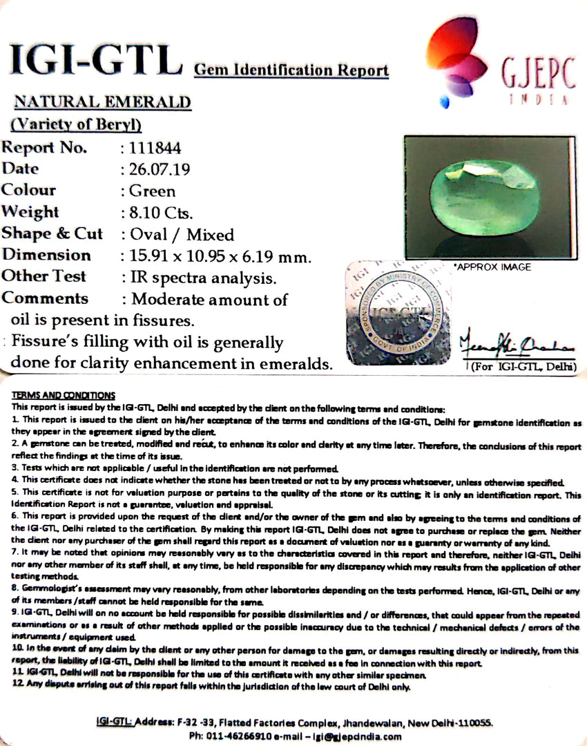 8.10/CT Natural Panna Stone With Govt. Lab Certificate  (8991)