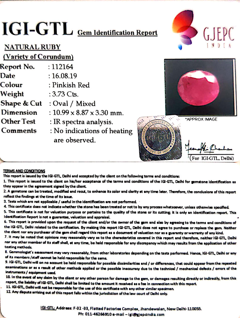 3.73/CT Natural Mozambique Ruby with Govt. Lab Certificate-RUBY9V