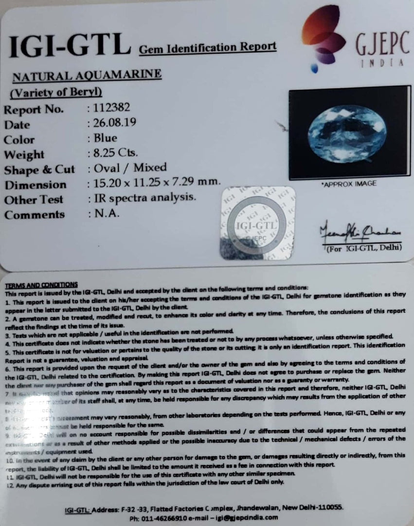 8.25/CT Natural Aquamarine with Govt Lab Certificate-5661