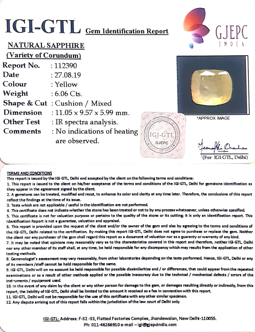 6.73 Ratti Natural Yellow Sapphire with Govt Lab Certificate-(6771)