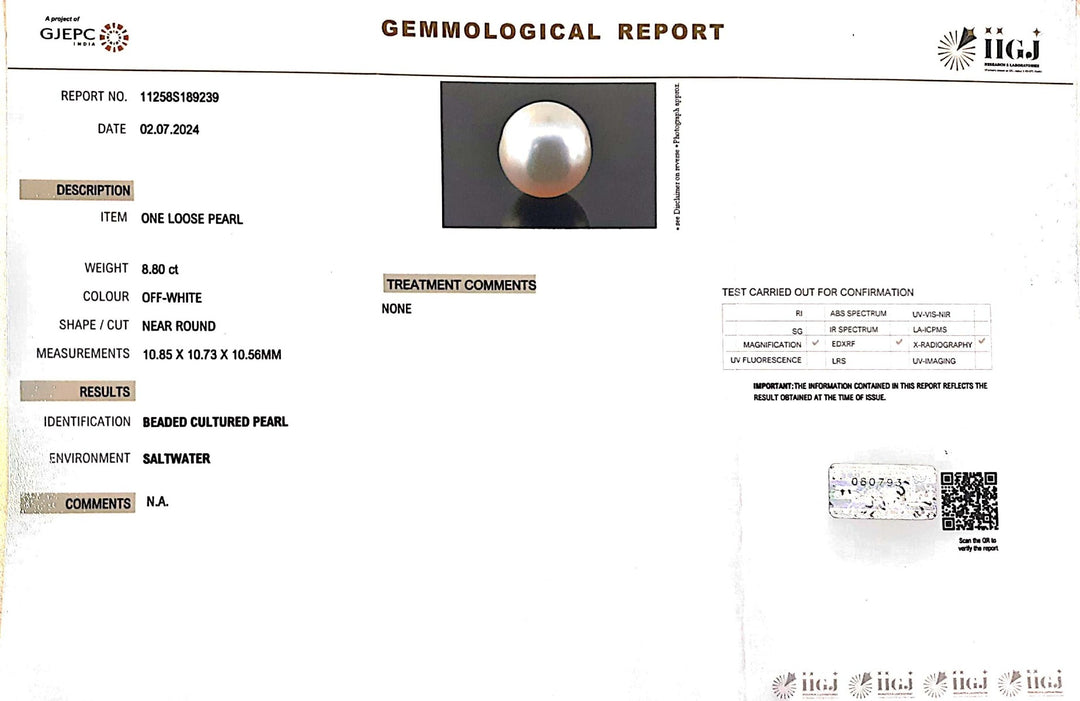 8.80/CT Natural South Sea Pearl with Govt. Lab Certificate (1550)