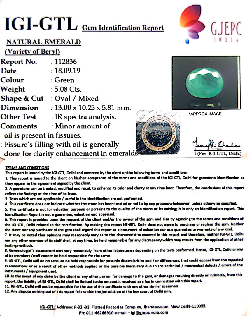 5.64 Ratti Natural Emerald Stone With Govt. Lab Certificate (3441)