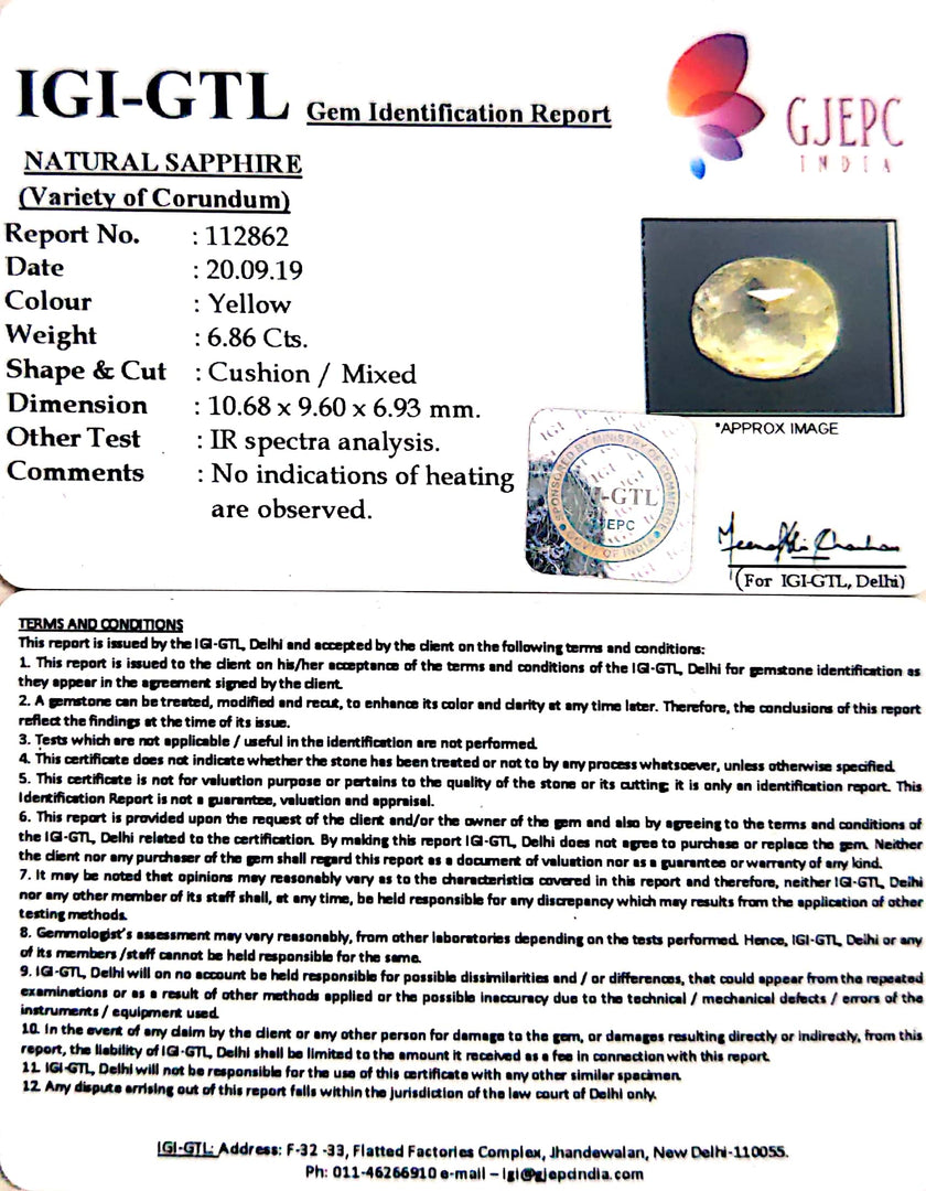 6.86/CT Natural Yellow Sapphire with Govt Lab Certificate-YELSA9U