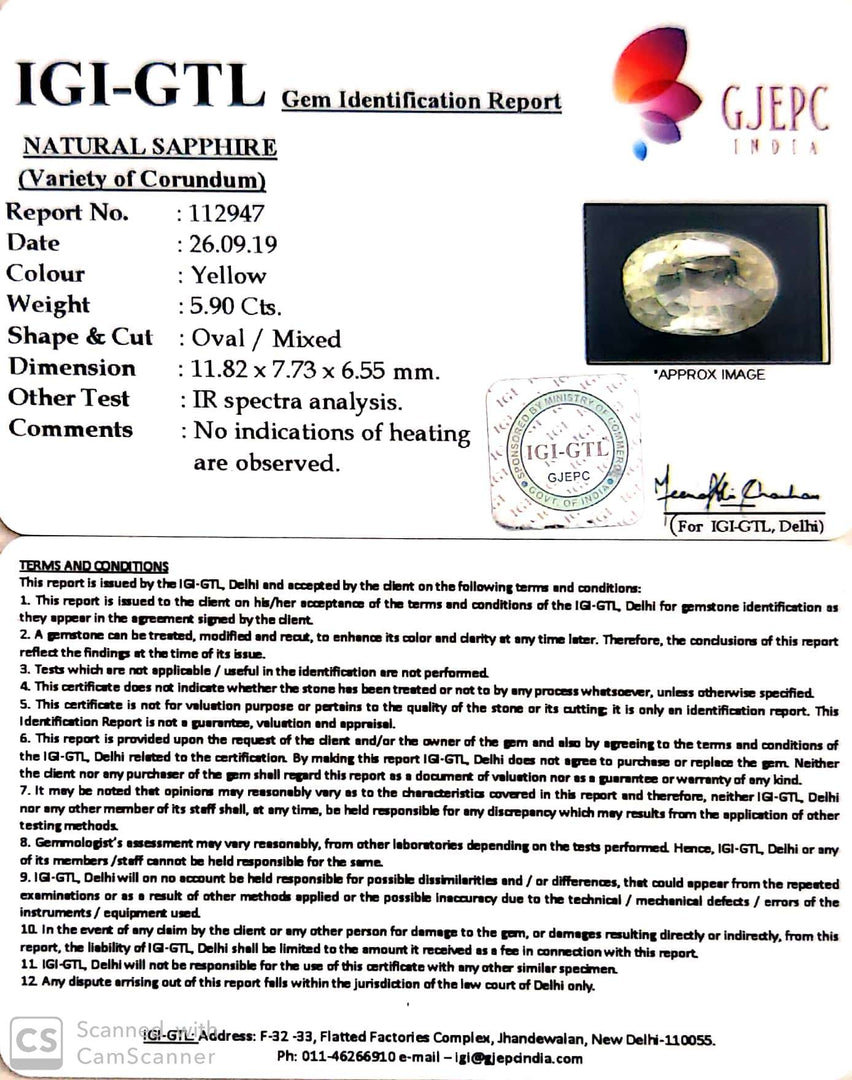 5.90/CT Natural Yellow Sapphire with Govt Lab Certificate-YELSA9U