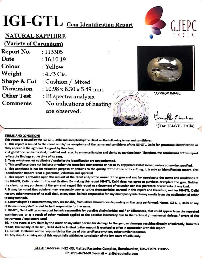 4.73/CT Natural Yellow Sapphire with Govt Lab Certificate-45510