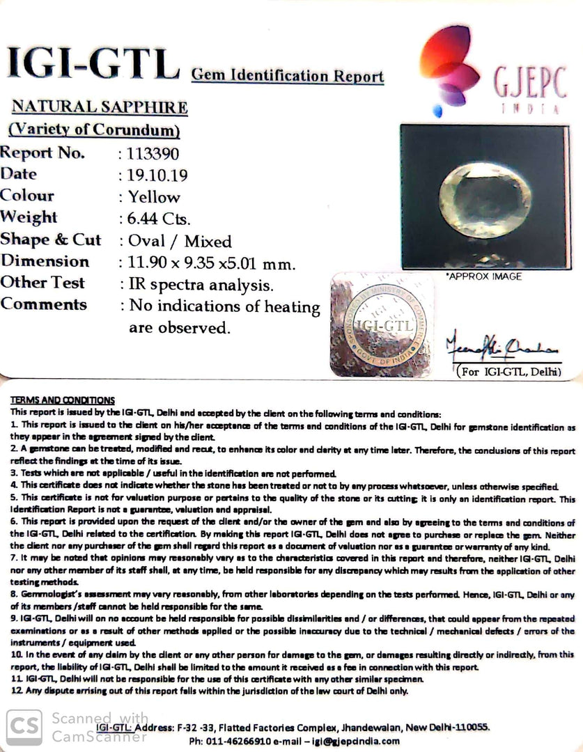 6.44/CT Natural Yellow Sapphire with Govt Lab Certificate-YELSA9U