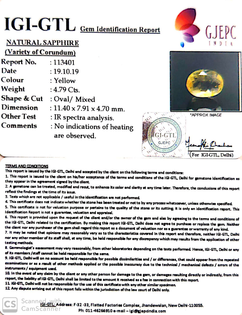 4.79/CT Natural Yellow Sapphire with Govt Lab Certificate-(YELSA9W)