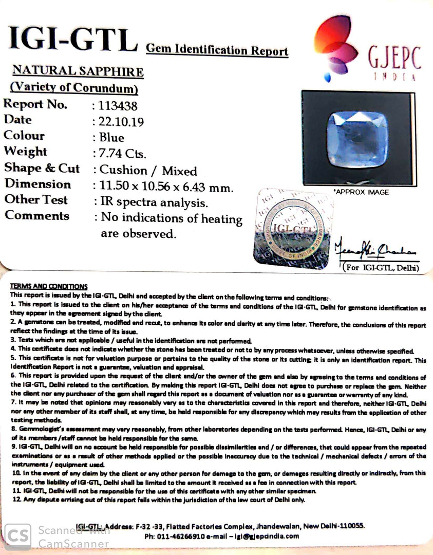 7.74/CT Natural Blue Sapphire with Govt Lab Certificate-BLUSA9U