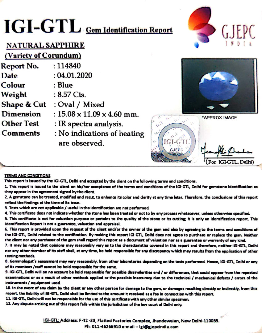 9.52 Ratti Natural Blue Sapphire With Govt Lab Certified-(1221)