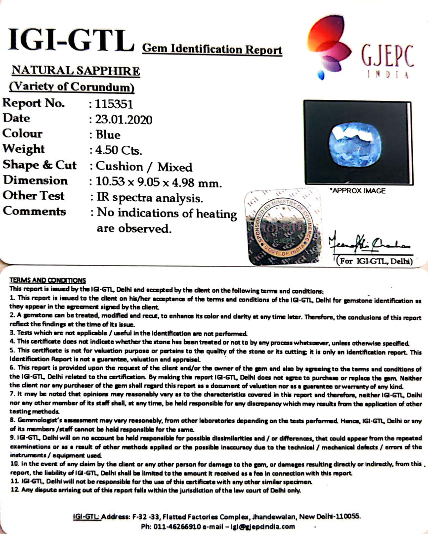 5.00 Ratti Natural Blue Sapphire With Govt Lab Certified-(8991)