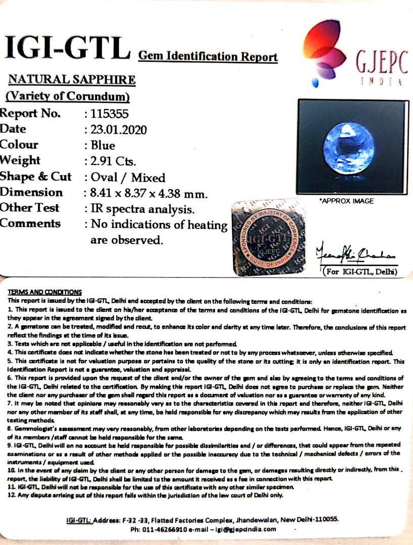 3.23 Ratti Natural Blue Sapphire With Govt Lab Certified-(12210)