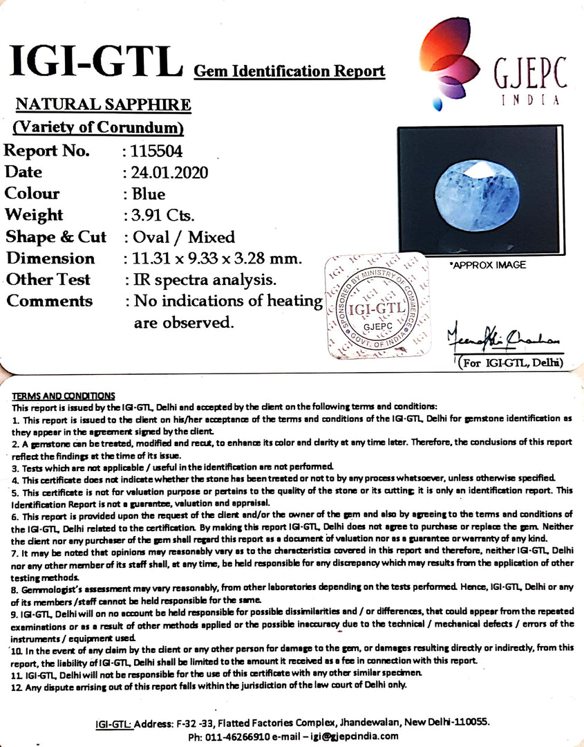 4.34 Ratti Natural Blue Sapphire With Govt Lab Certified-(6771)