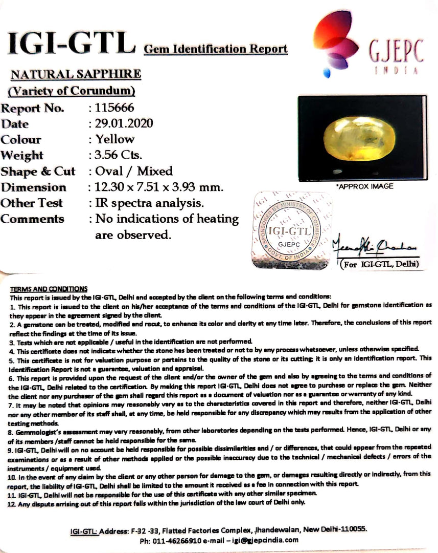 3.96 Ratti Natural Yellow Sapphire with Govt Lab Certificate-(6771)