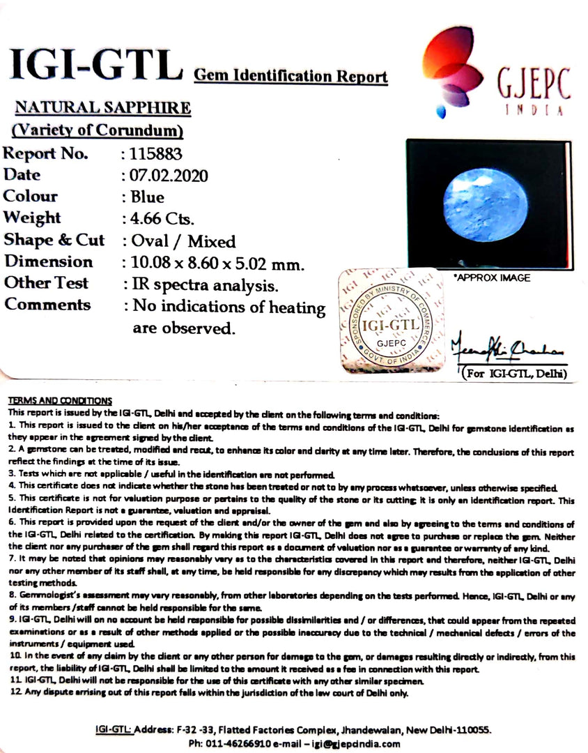 5.18 Ratti Natural Blue Sapphire With Govt Lab Certified-(4551)