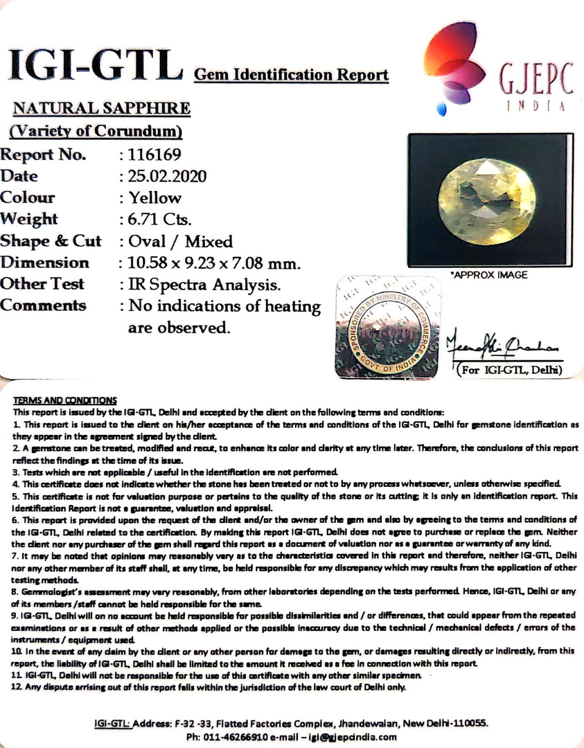 6.71/CT Natural Yellow Sapphire with Govt Lab Certificate-YELSA9V