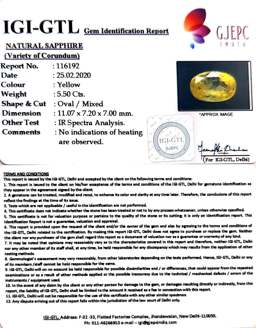 5.50/CT Natural Yellow Sapphire with Govt Lab Certificate-56610