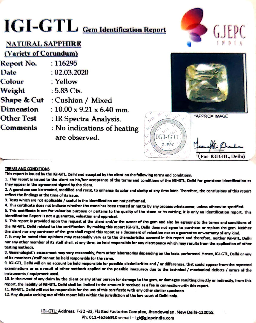 5.83/CT Natural Yellow Sapphire with Govt Lab Certificate-56610