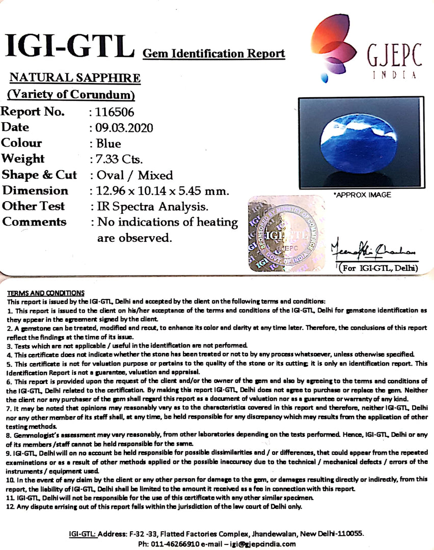 7.33/CT Natural Blue Sapphire with Govt Lab Certificate-(1221)