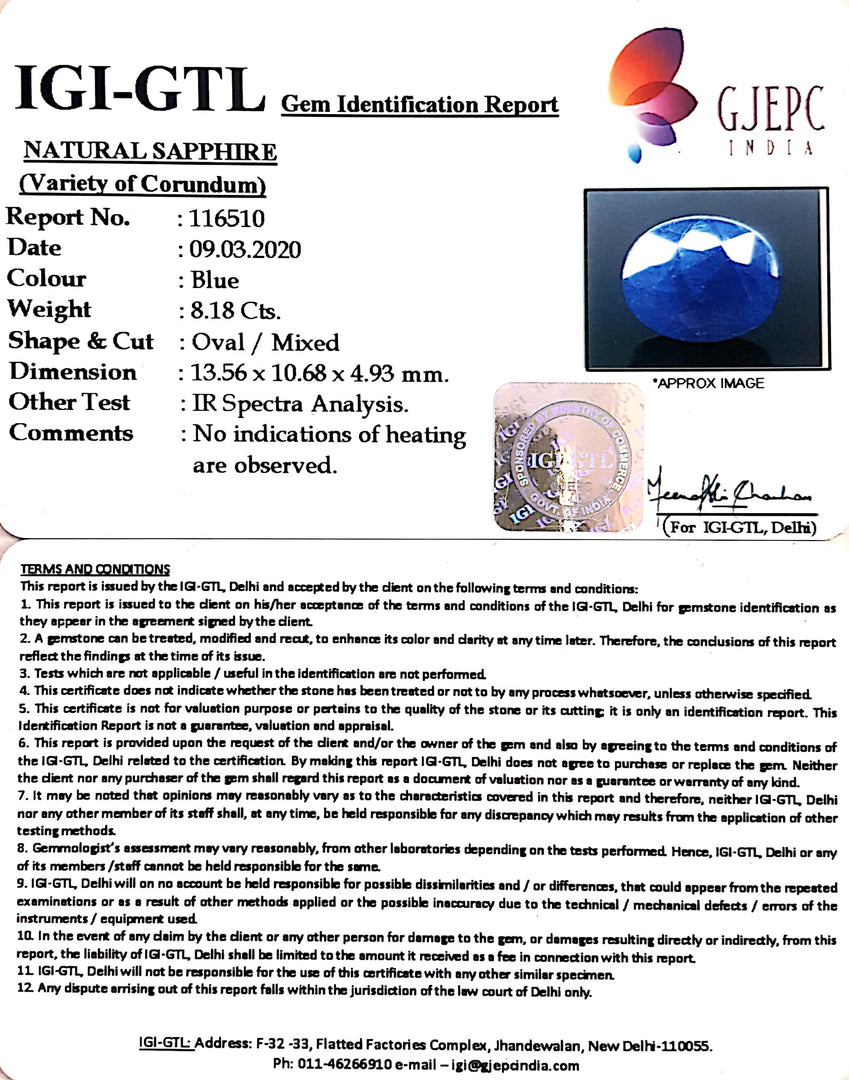 9.09 Ratti Natural Blue Sapphire with Govt Lab Certificate-(1221)