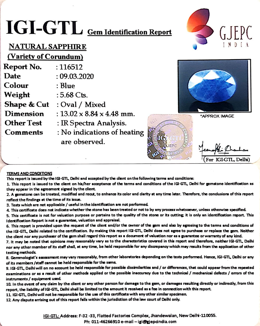 6.31 Ratti Natural Blue Sapphire with Govt Lab Certificate-(1221)