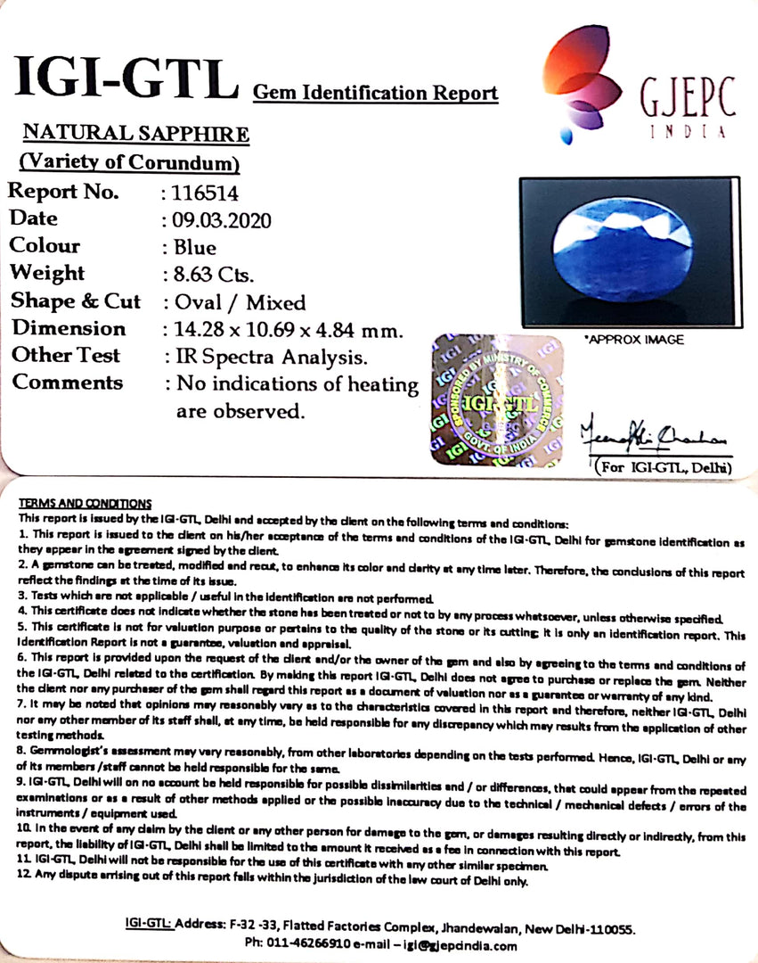 9.59 Ratti Natural Blue Sapphire with Govt Lab Certificate-(1221)