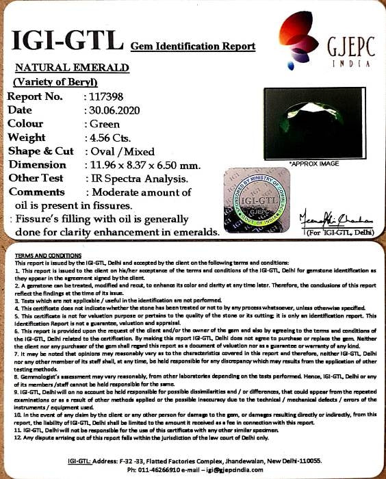 4.55/CT Natural Emerald Stone With Govt. Lab Certificate  (16650)
