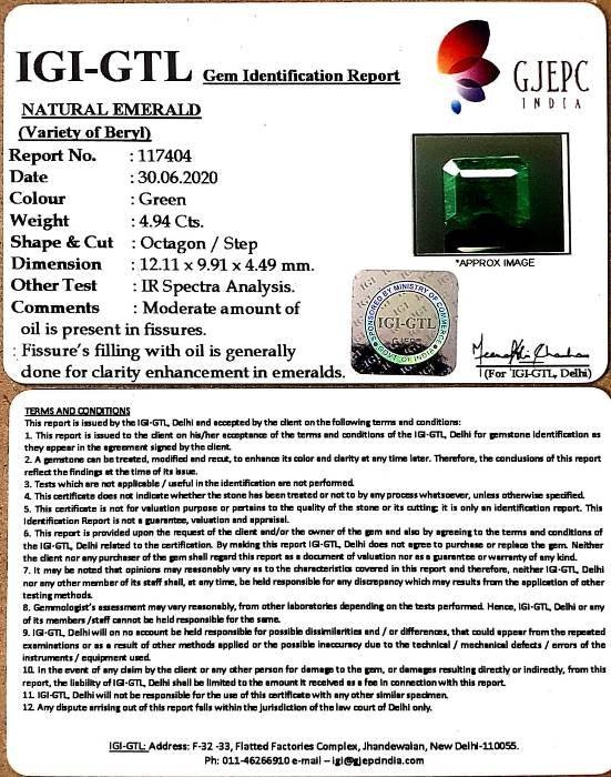 4.94/CT Natural Emerald Stone With Govt. Lab Certificate  (12210)
