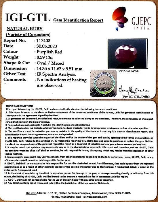 9.53 Ratti Natural Ruby with Govt Lab Certificate-(12210)