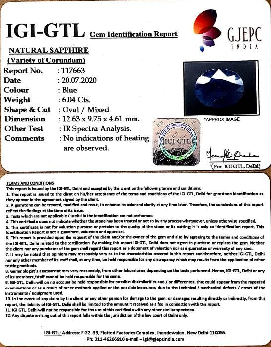 6.70 Ratti Natural Neelam with Govt Lab Certificate-(1221)