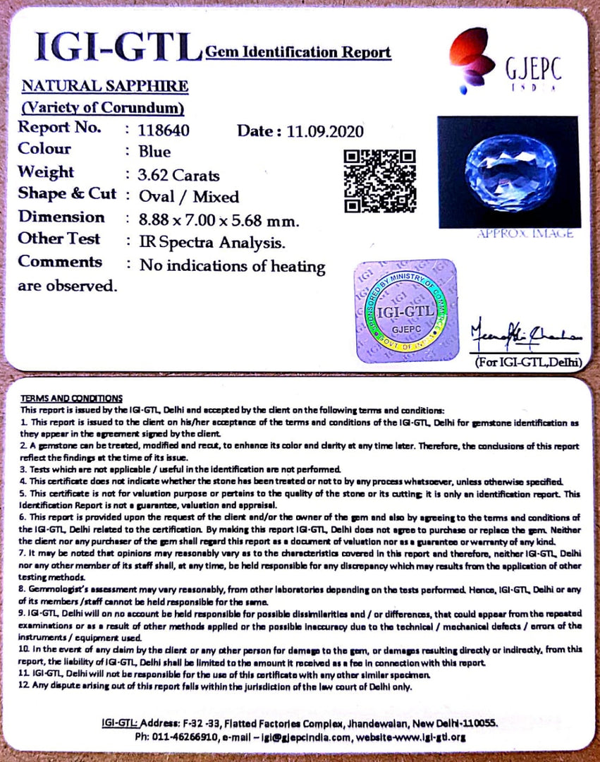 3.62/CT Natural Blue Sapphire with Govt Lab Certificate-BLUSA9V