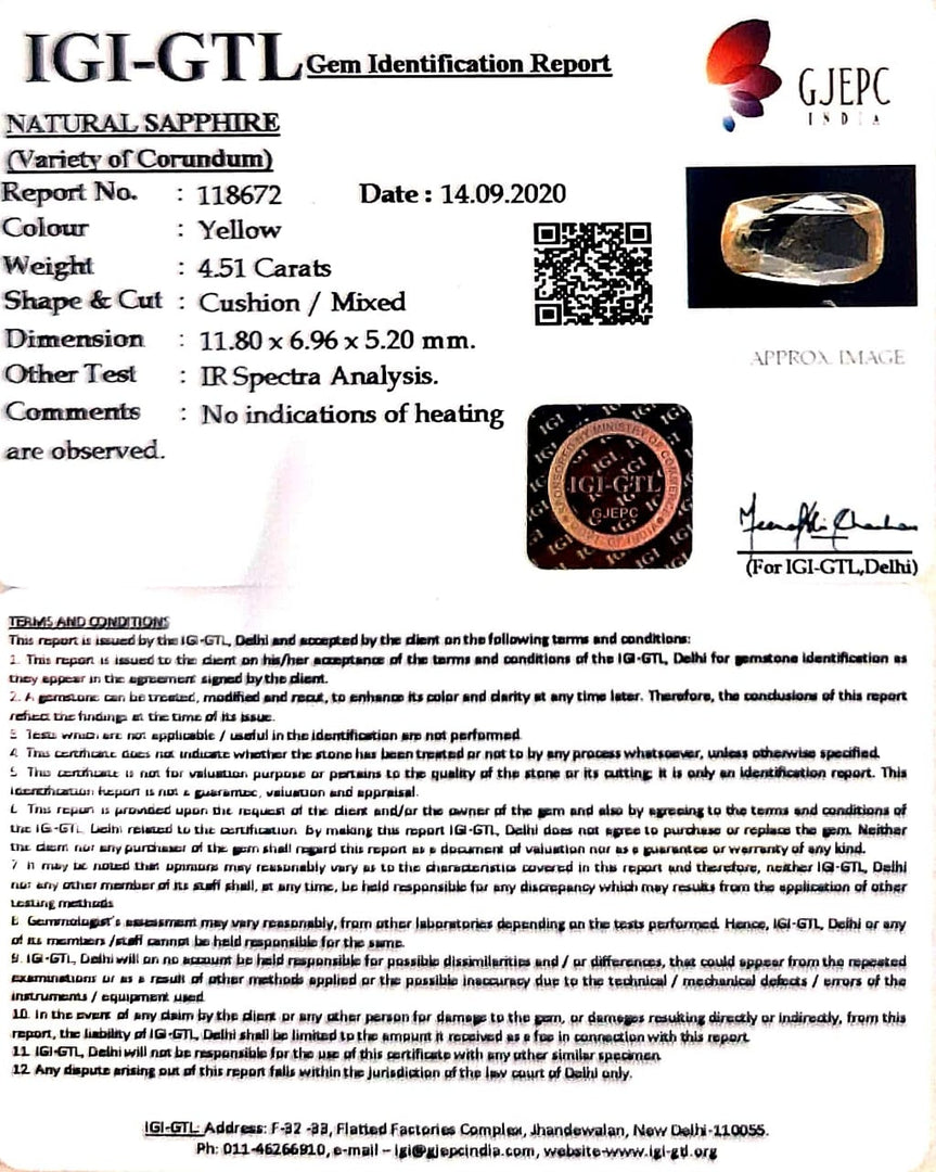 4.51/CT Natural Ceylonese Pukhraj Stone with Govt Lab Certificate-YELSA9U