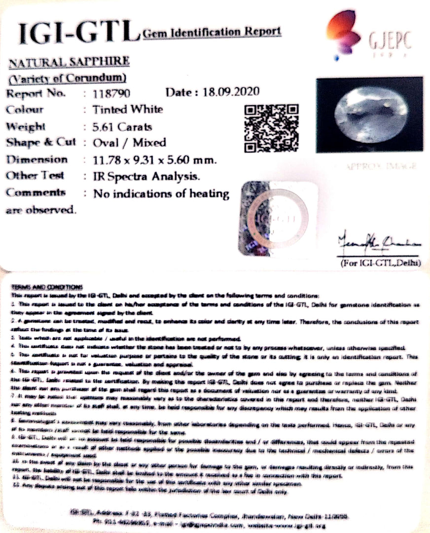 5.61/CT Natural White Sapphire with Govt Lab Certificate (23310)