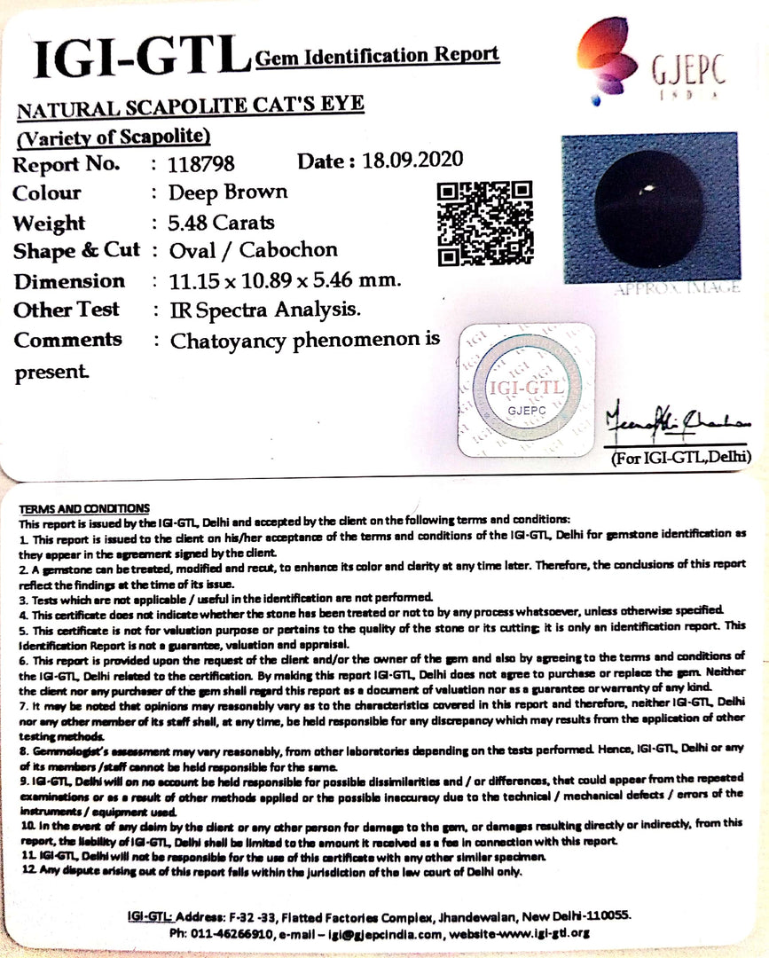 6.08 Ratti Natural Scapolite Cat's Eye with Govt. Lab Certified-(1221)