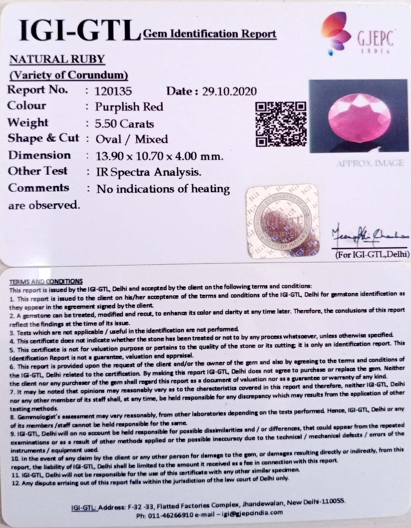 5.50/CT Natural Ruby with Govt. Lab Certificate (12210)