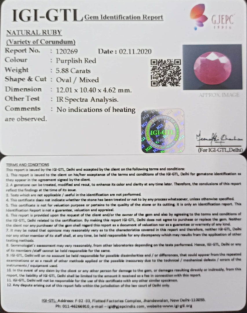 6.52 Ratti Natural Ruby with Govt Lab Certificate-(12210)