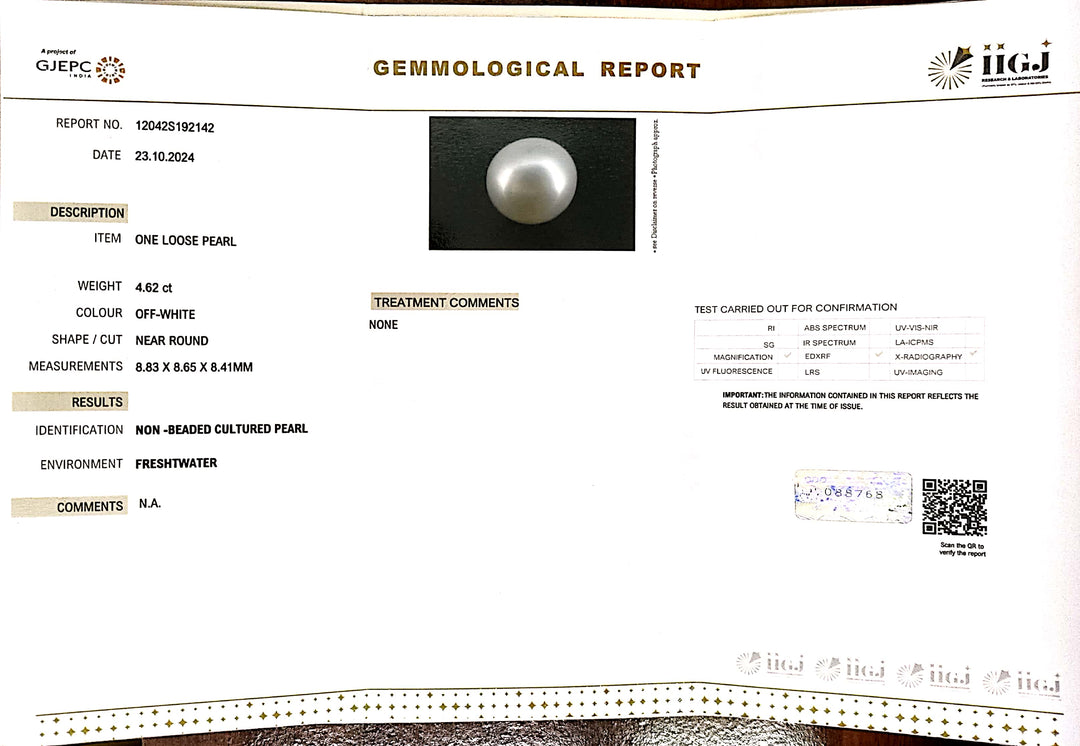 4.62/CT Natural Fresh Water Pearl With Lab Certificate