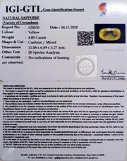 4.00/CT Natural Yellow Sapphire with Govt Lab Certificate-YELSA9U