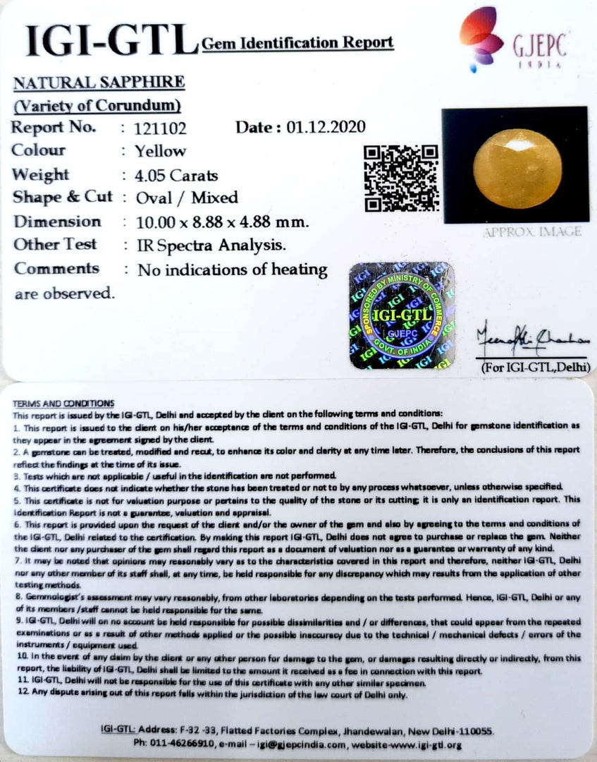 4.49 Ratti Natural Ceylonese Yellow Sapphire with Govt Lab Certificate-(4551)