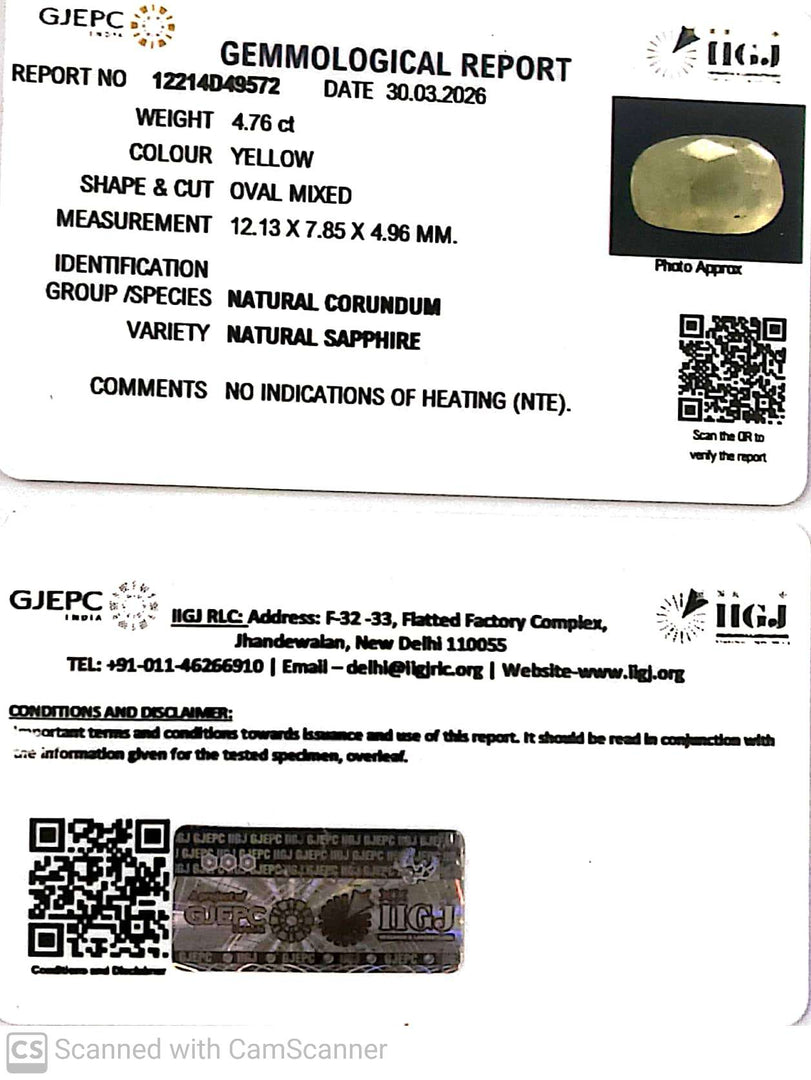 4.76/CT Natural Yellow Sapphire With Govt Lab Certificate-12214D49572