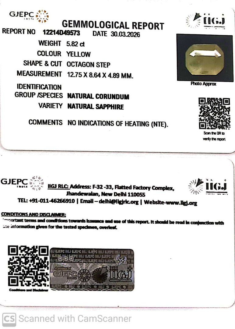 5.82/CT Natural Yellow Sapphire With Govt Lab Certificate-12214D49573