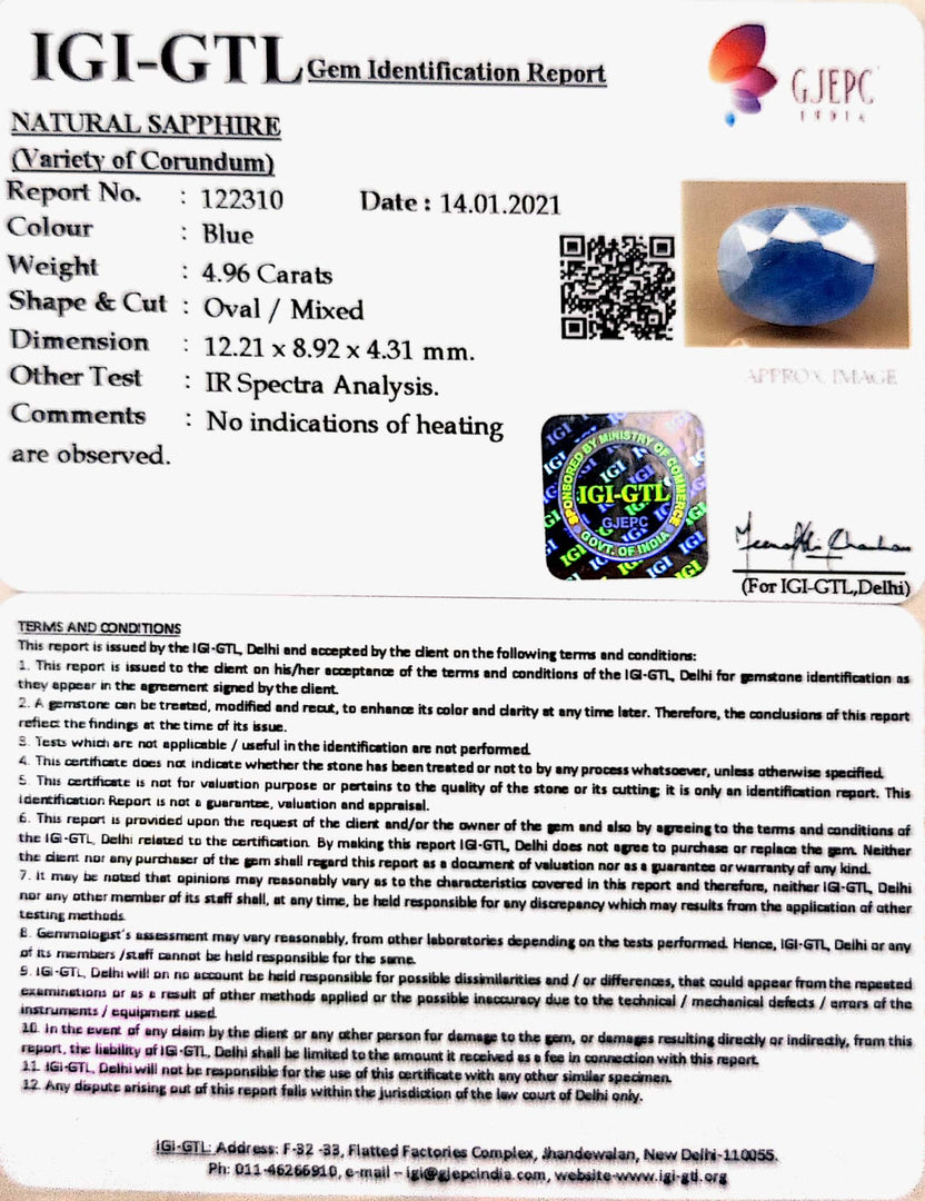 5.50 Ratti Natural Blue Sapphire With Govt Lab Certified-(1221)