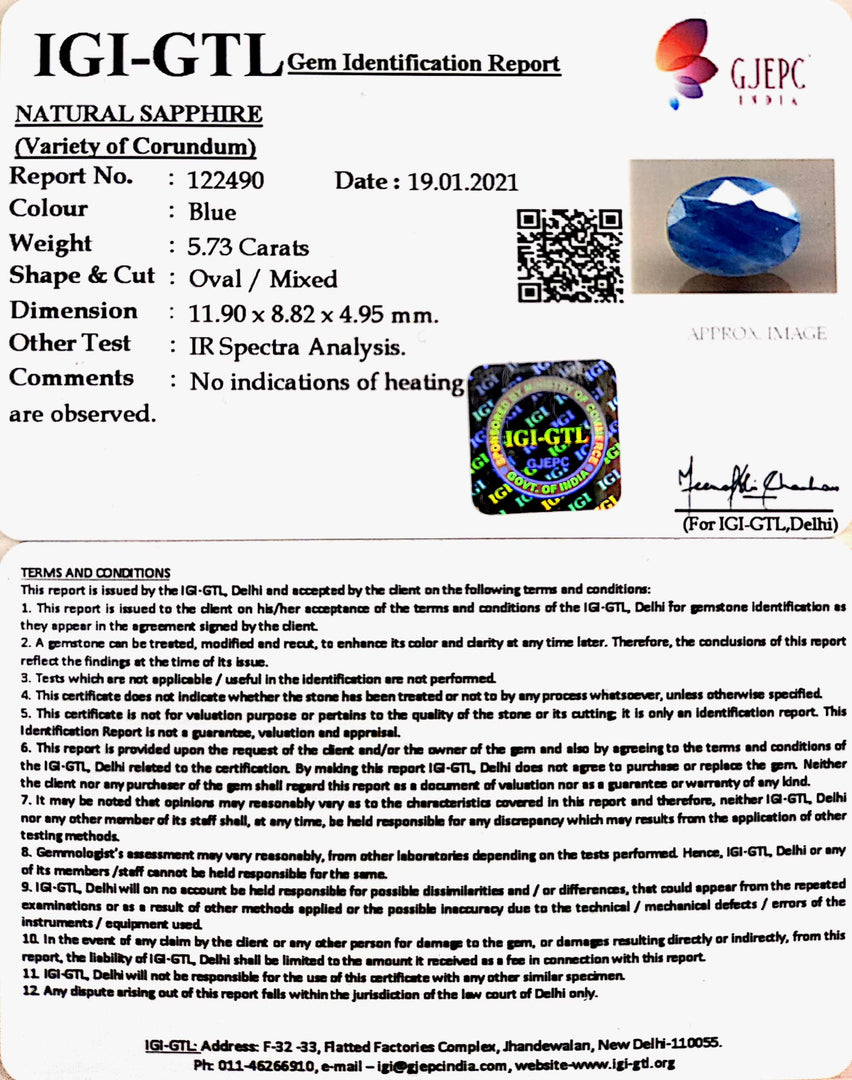 6.36 Ratti Natural Blue Sapphire With Govt Lab Certified-(1221)