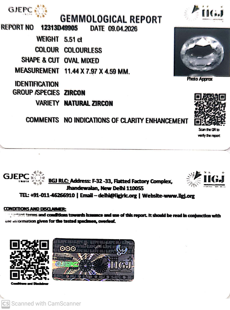 5.51/CT Natural Zircon with Govt. Lab certificate-12313D49905