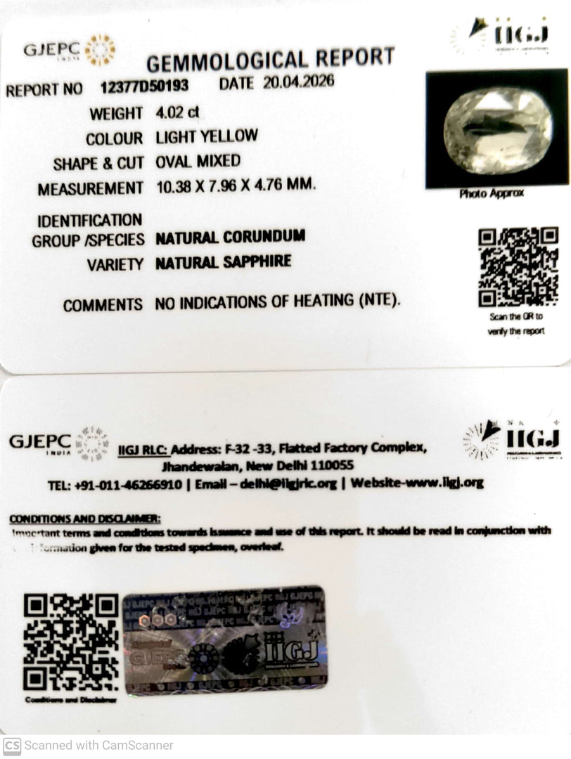 4.02/CT Natural Yellow Sapphire With Govt Lab Certificate-12377D50193