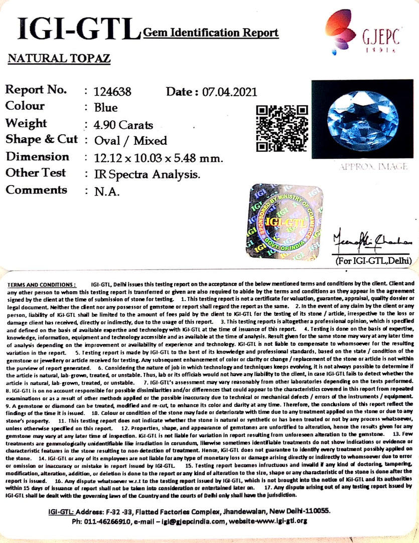 5.43 Ratti Blue Topaz with Govt Lab Certificate-(1650)