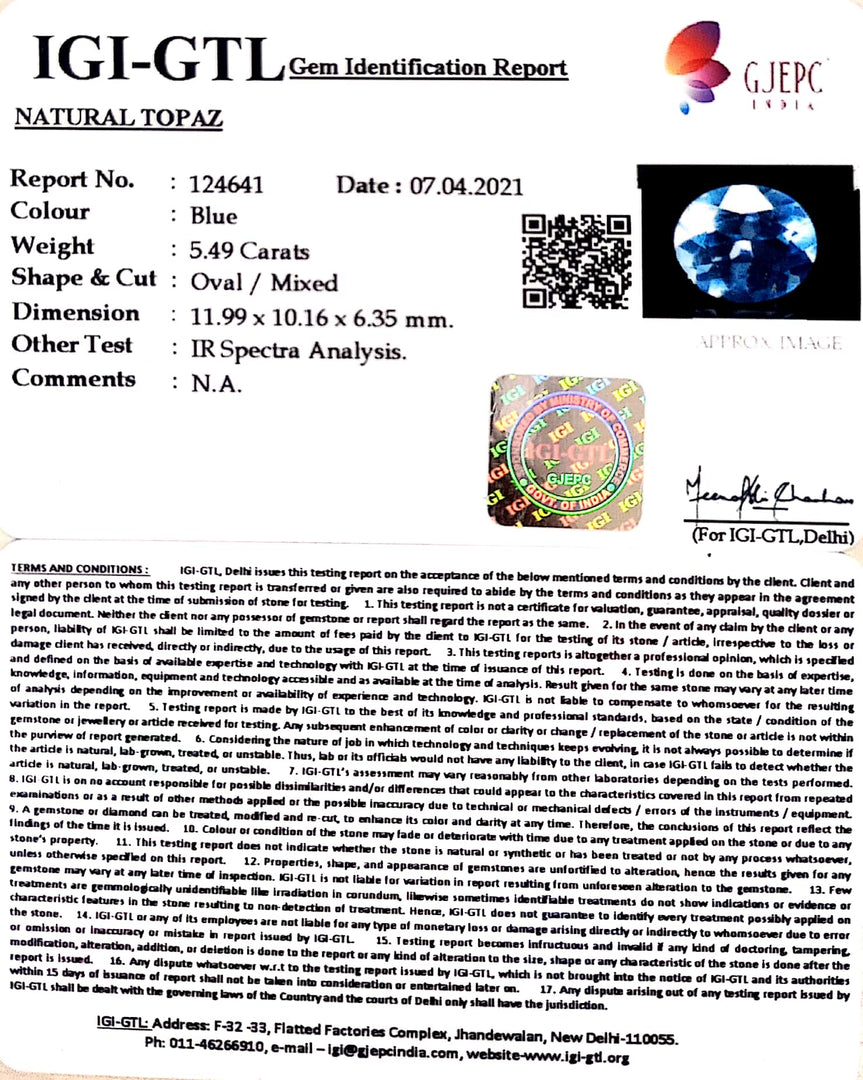6.09 Ratti Blue Topaz with Govt Lab Certificate-(1650)
