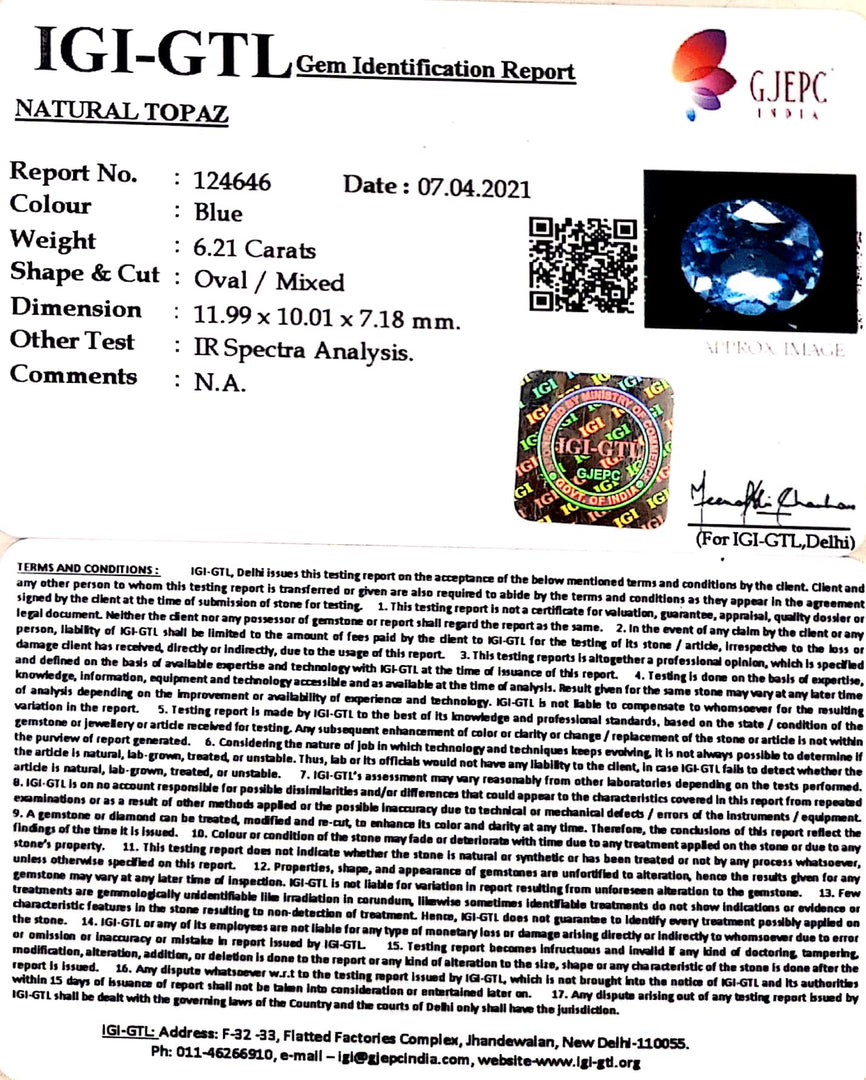 6.89 Ratti Blue Topaz with Govt Lab Certificate-(1650)