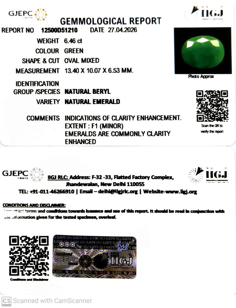6.46/CT Natural Panna Stone with Govt. Lab Certificate-12500D51210