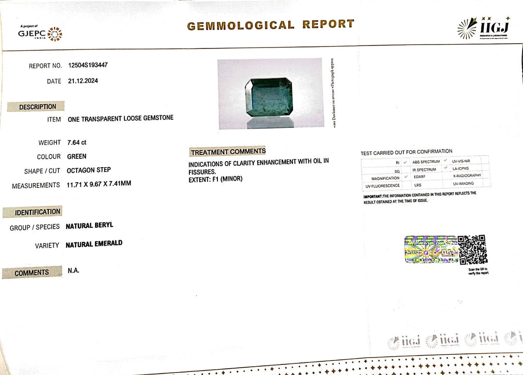 7.64/CT Natural Panna Stone with Govt. Lab Certificate-34410